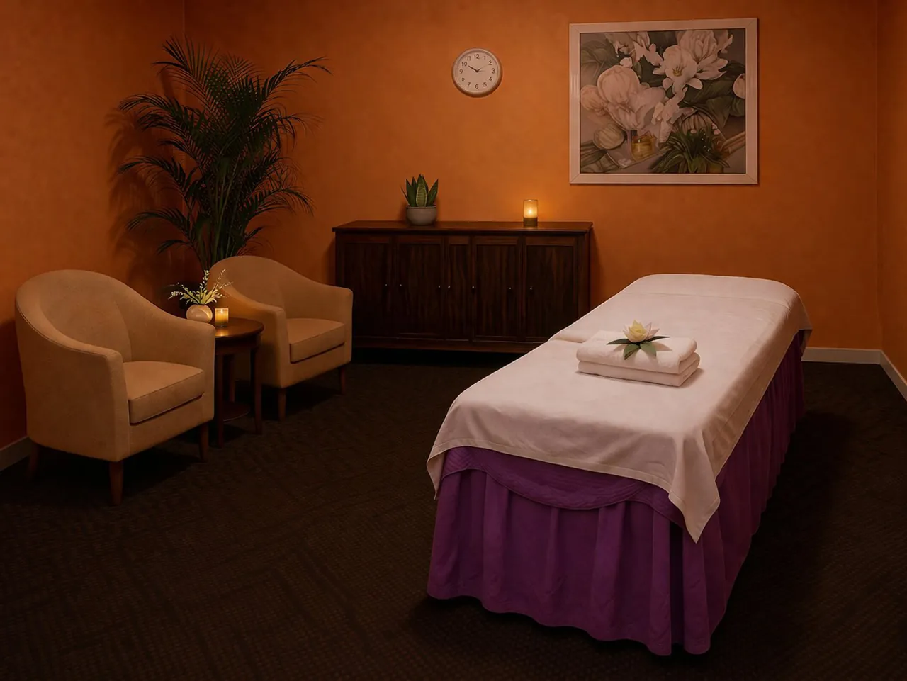 Clean massage room with fresh towels and warm lighting at Sunny Massage Spa in Seminole, FL