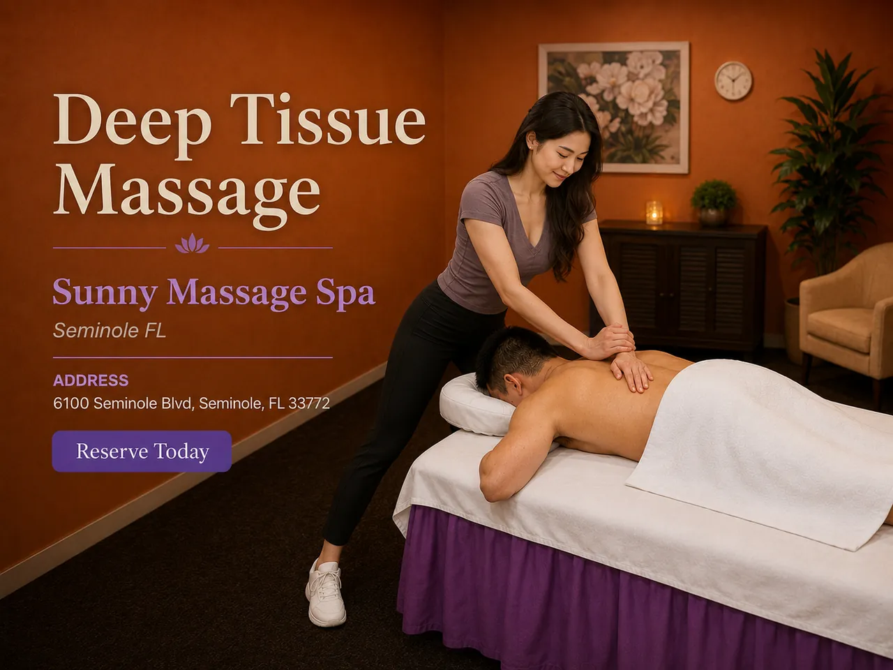 Deep tissue massage with firm pressure along the back at Sunny Massage Spa in Seminole, FL