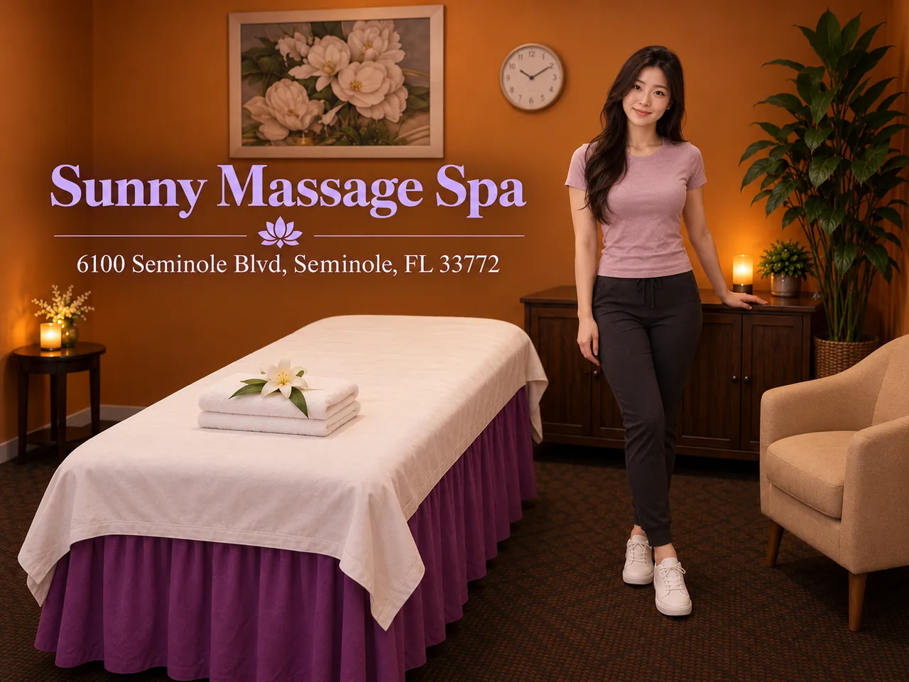 Friendly staff member beside a fresh massage table at Sunny Massage Spa in Seminole, FL