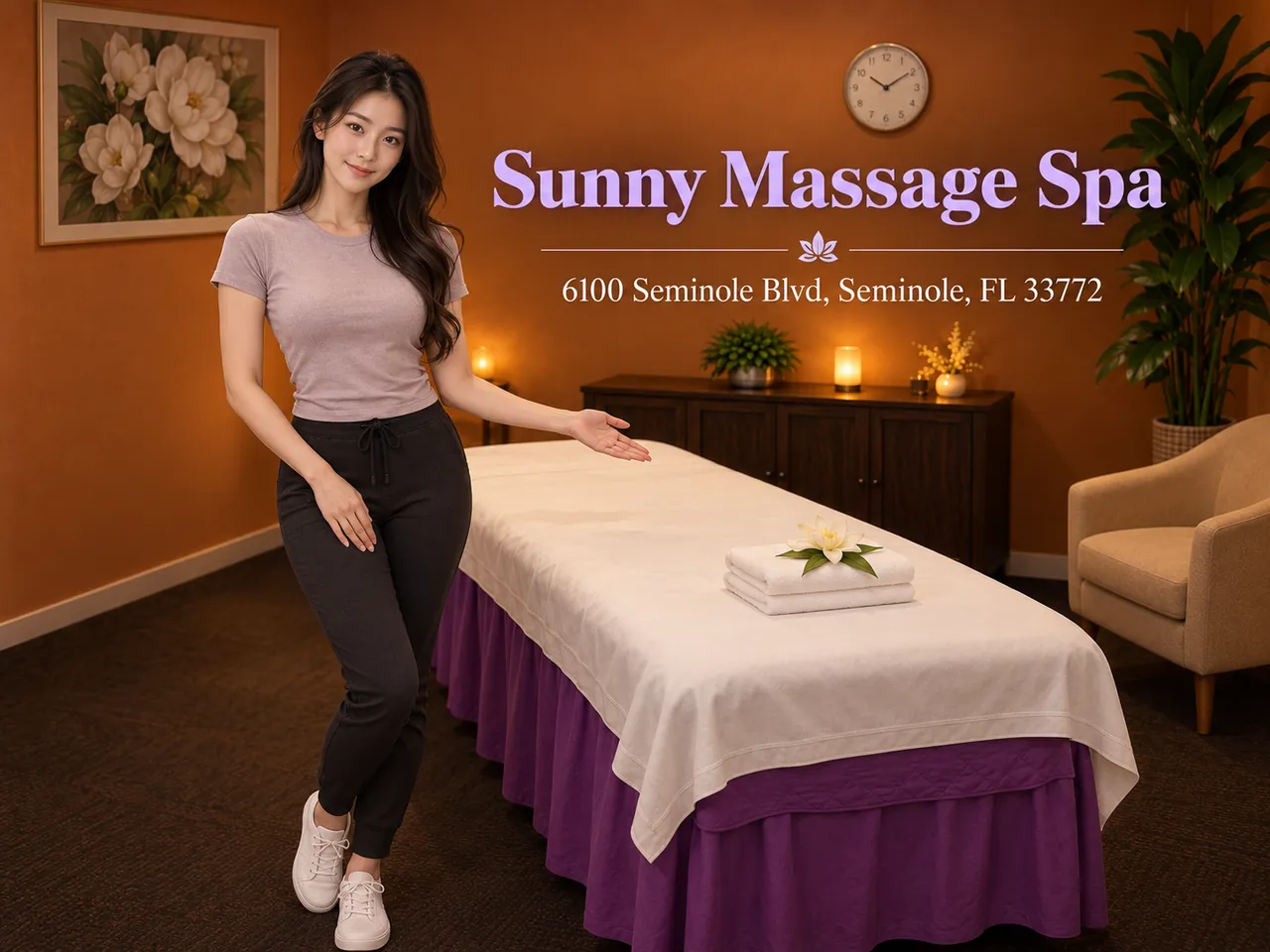 Friendly staff member beside a fresh massage table at Sunny Massage Spa in Seminole, FL