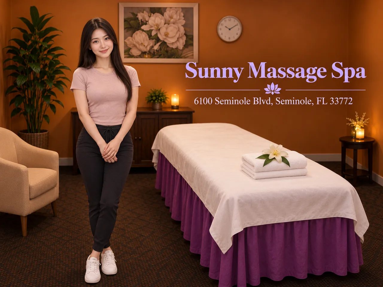 Friendly staff member beside a fresh massage table at Sunny Massage Spa in Seminole, FL