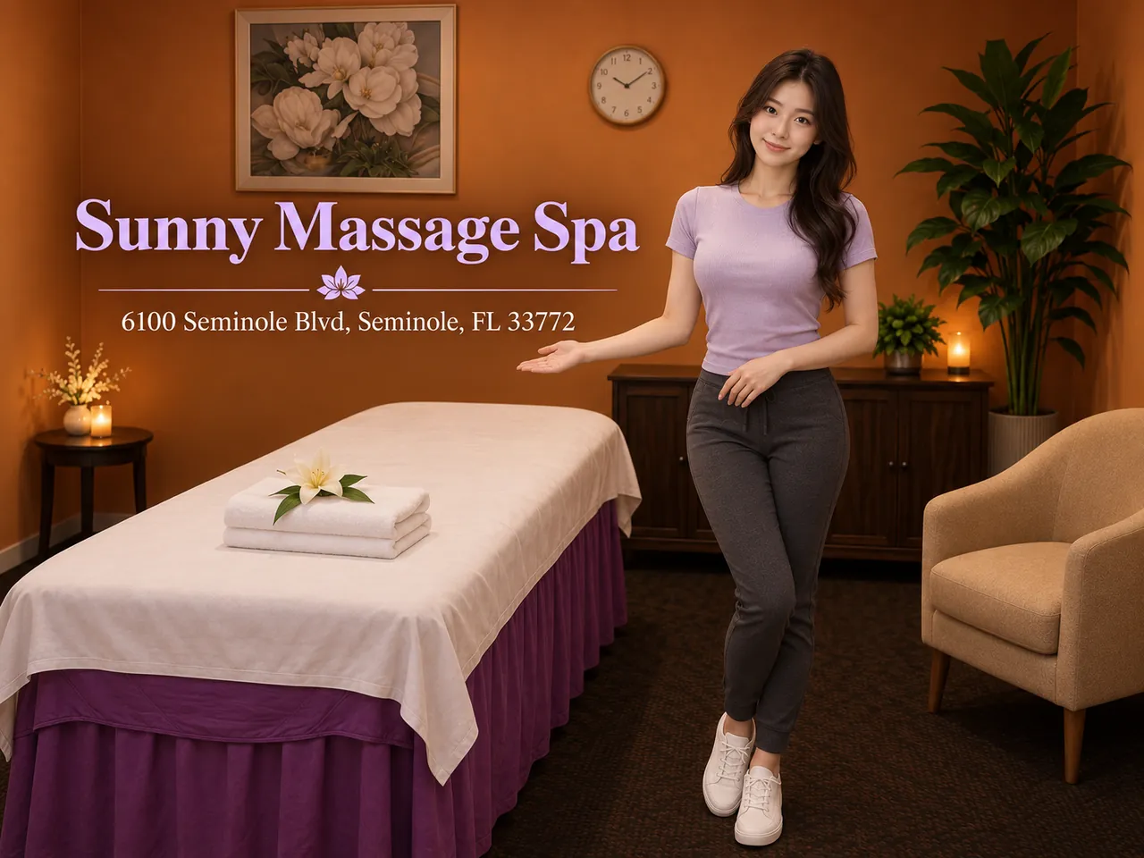 Friendly staff member beside a fresh massage table at Sunny Massage Spa in Seminole, FL