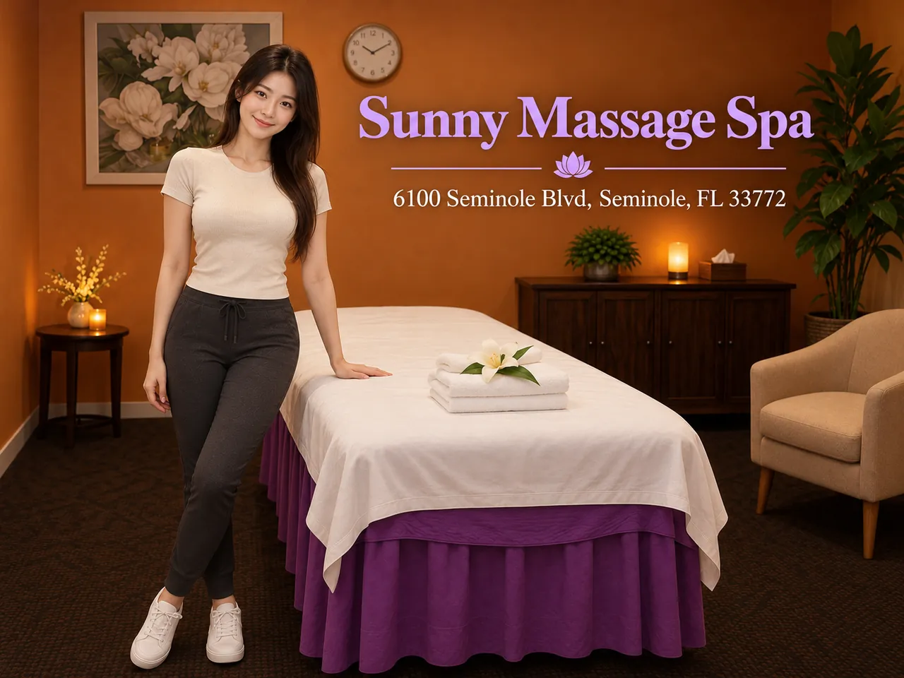 Staff member beside a fresh massage table, ready for a muscle tension session at Sunny Massage Spa in Seminole, FL