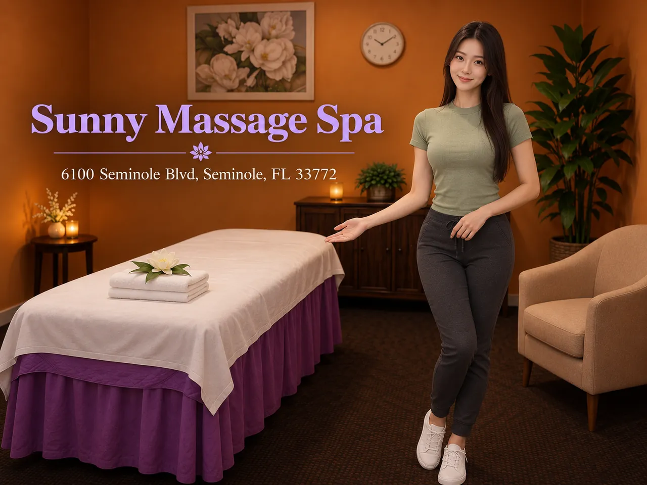 Staff member beside a softly lit massage table at Sunny Massage Spa in Seminole, FL