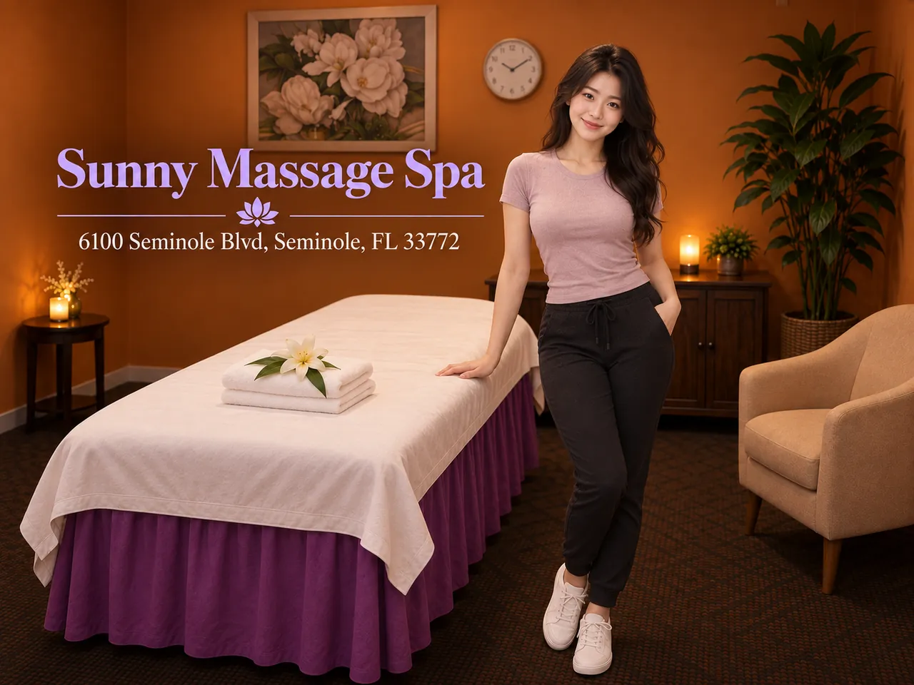 Staff member in a calm private room at Sunny Massage Spa in Seminole, FL