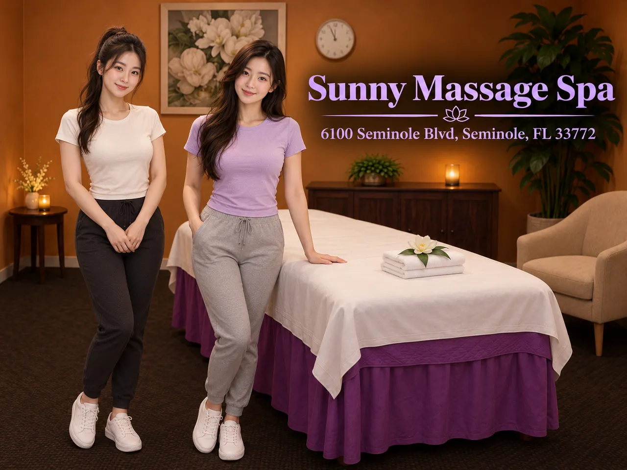 Friendly staff in a clean, private room at Sunny Massage Spa near South Pasadena, FL