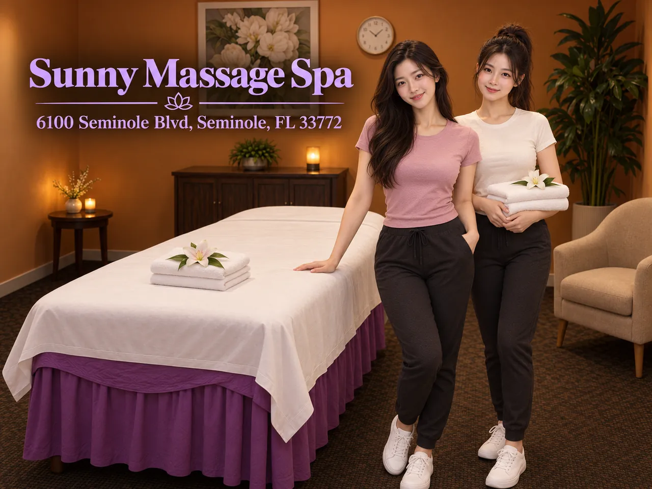 Two staff members in a clean private room at Sunny Massage Spa in Seminole, FL