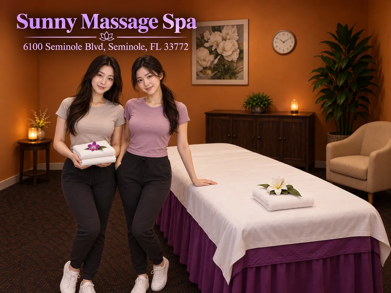Friendly staff in a clean, private room for Swedish Massage at Sunny Massage Spa in Seminole, FL