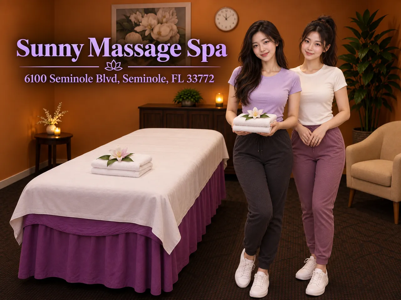 Two friendly staff members in a clean private room at Sunny Massage Spa in Seminole, FL