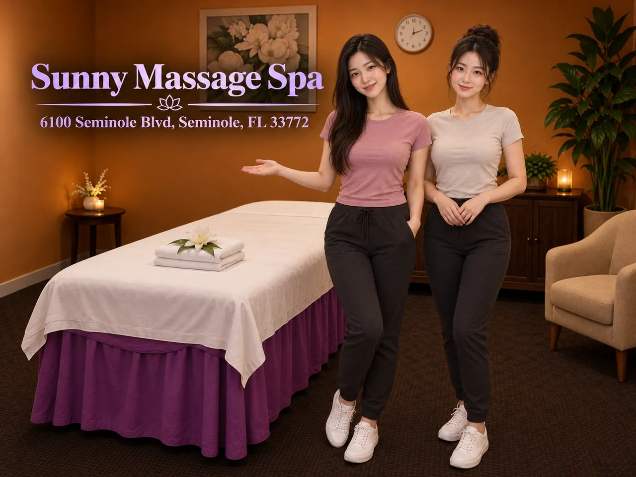 Two friendly staff members in a clean private room at Sunny Massage Spa in Seminole, FL