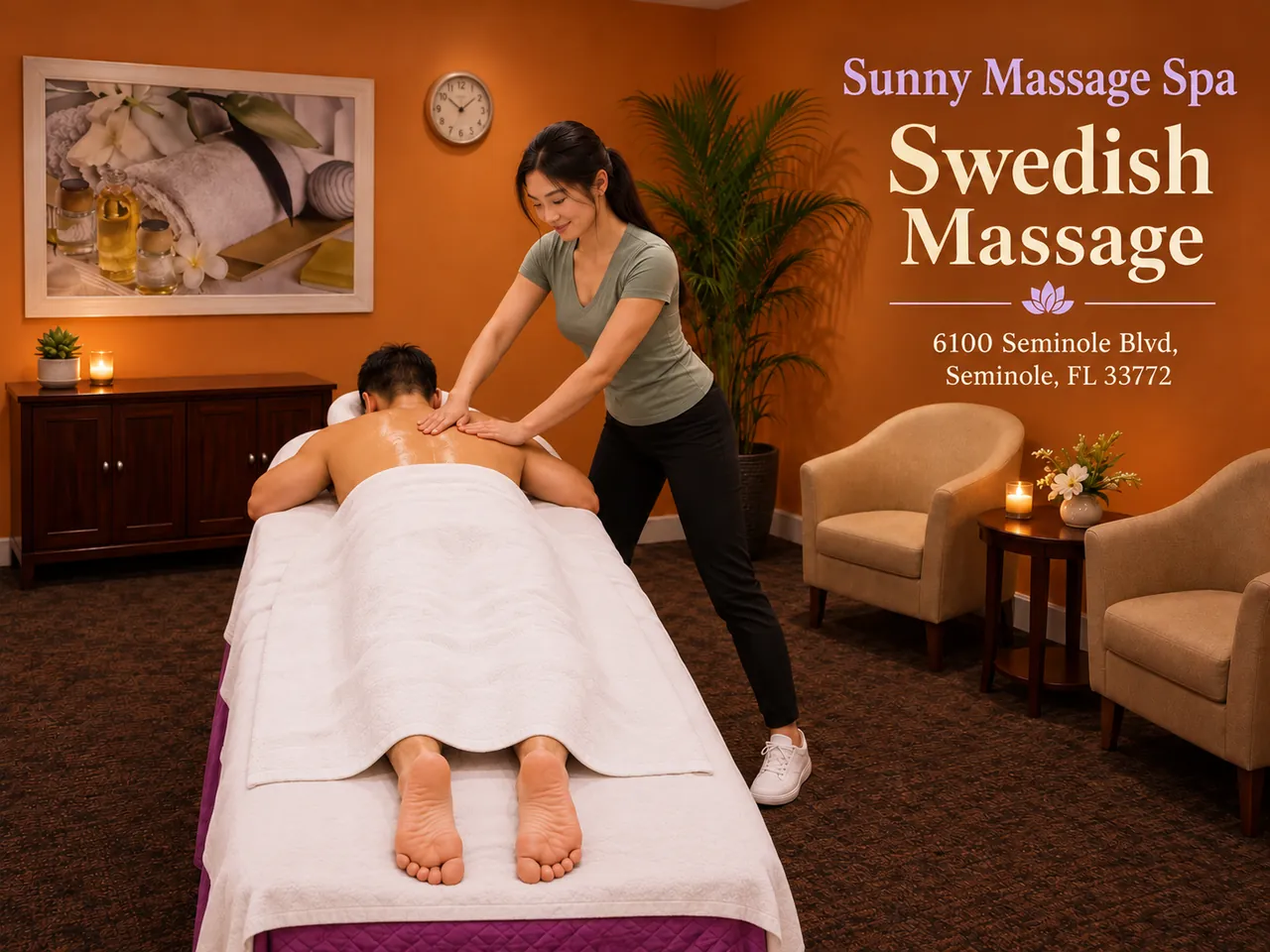 Swedish massage with long strokes across the back at Sunny Massage Spa in Seminole, FL