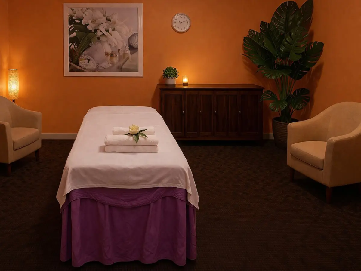 Cozy private massage room with warm orange walls at Sunny Thai Spa Seminole